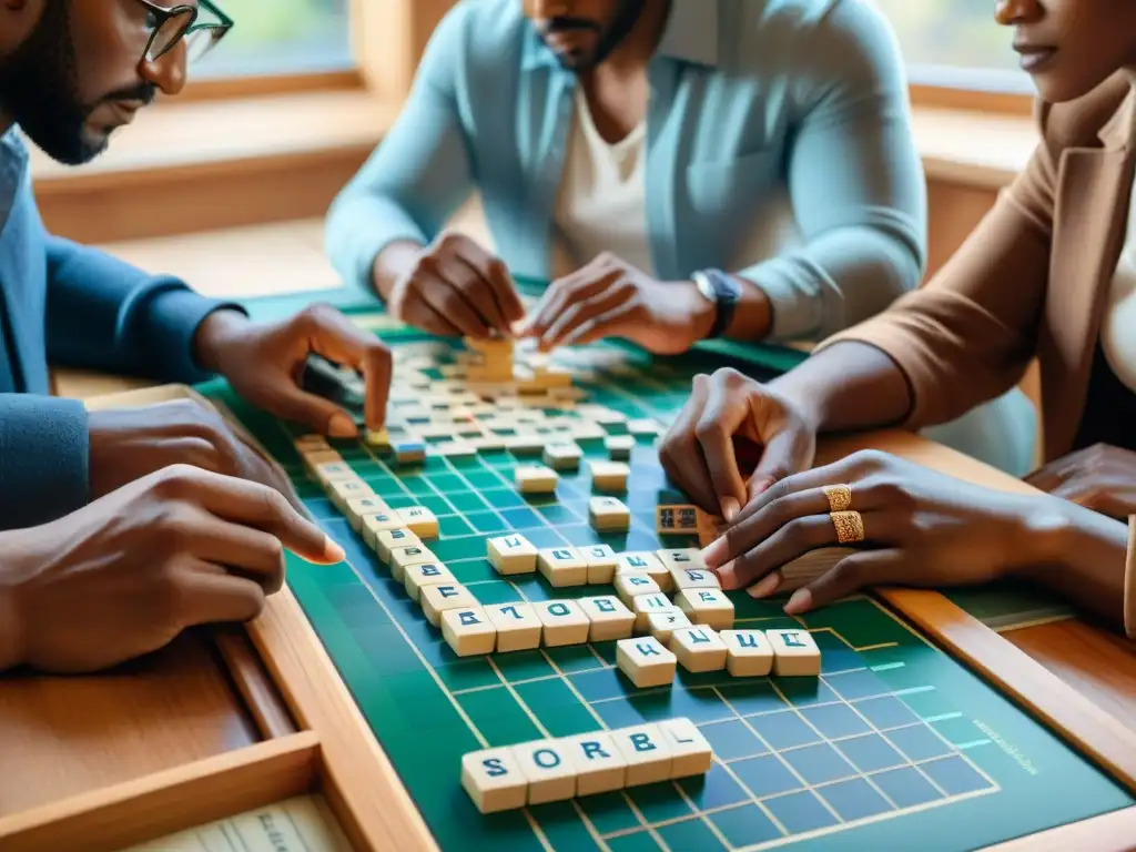 Un grupo diverso y concentrado juega Scrabble en una acogedora sala llena de libros clásicos