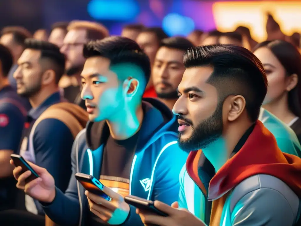 Grupo diverso concentrado en smartphones con camisetas de equipos de esports, reflejando evolución juegos deportes cultura mundial