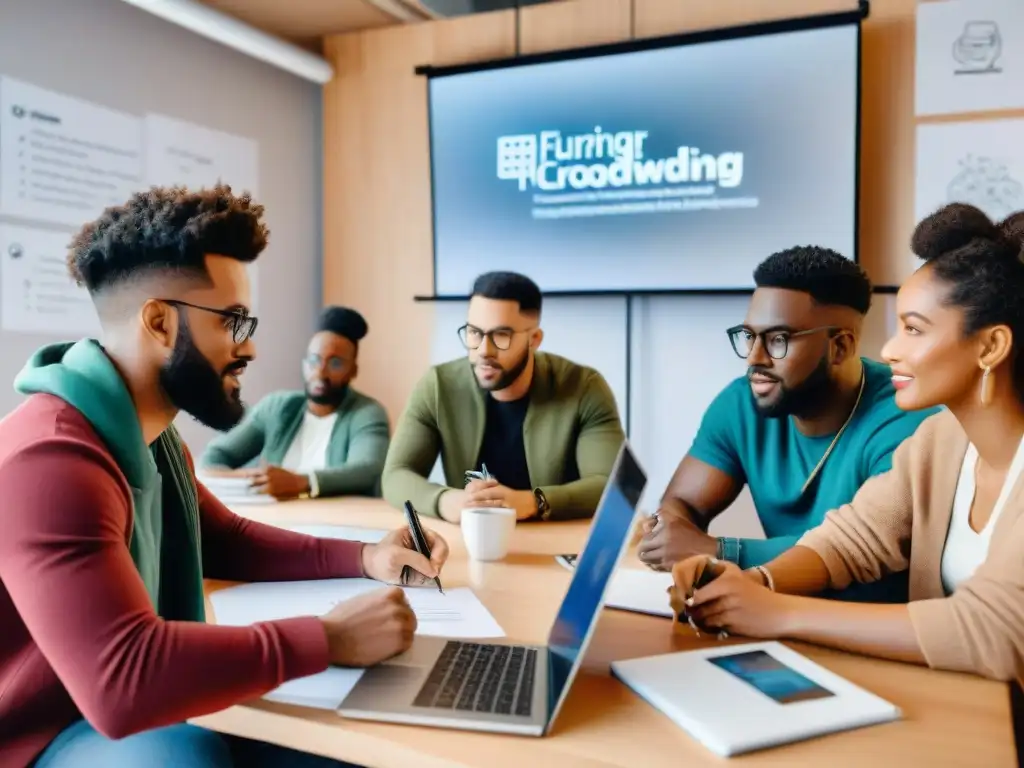 Un grupo diverso de creadores entusiastas colaborando en una mesa llena de bocetos y laptops