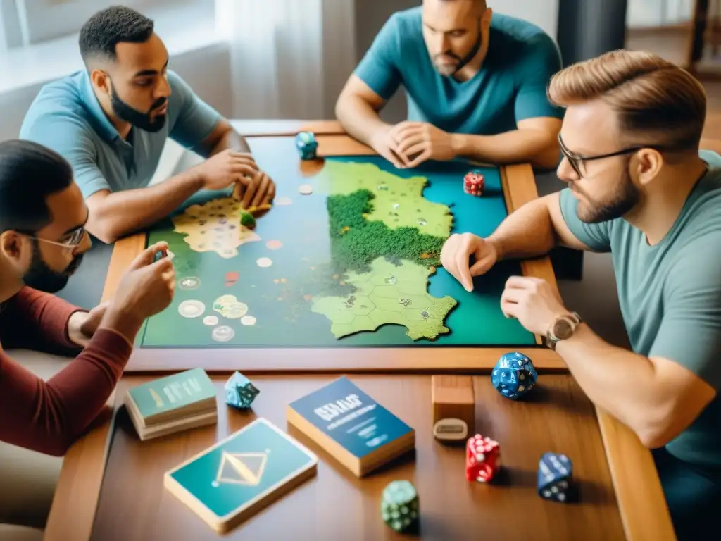 Un grupo diverso de creadores de juegos de mesa sostenibles colabora apasionadamente en una sala llena de luz natural