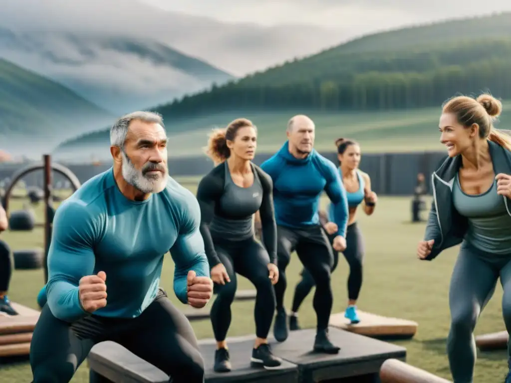 Un grupo diverso se entrega apasionadamente al Crossfit en un gimnasio al aire libre en Rusia