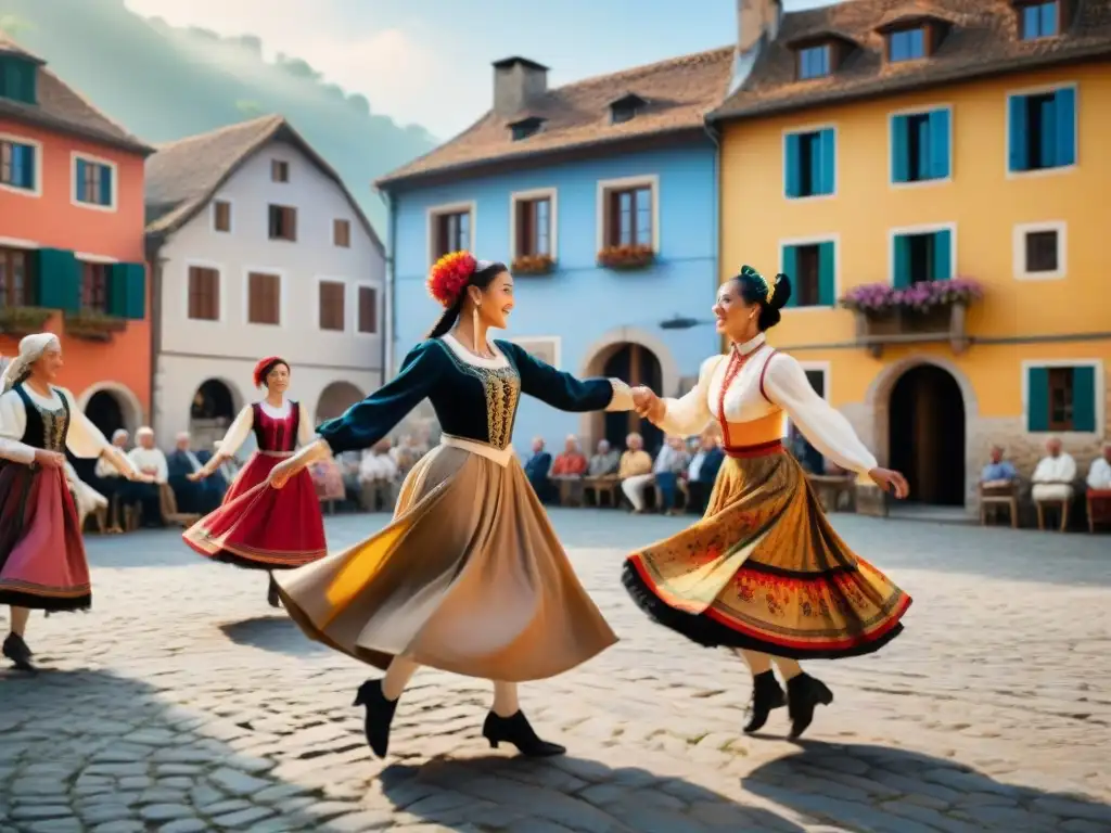 Grupo diverso bailando danza folklórica europea en plaza pintoresca