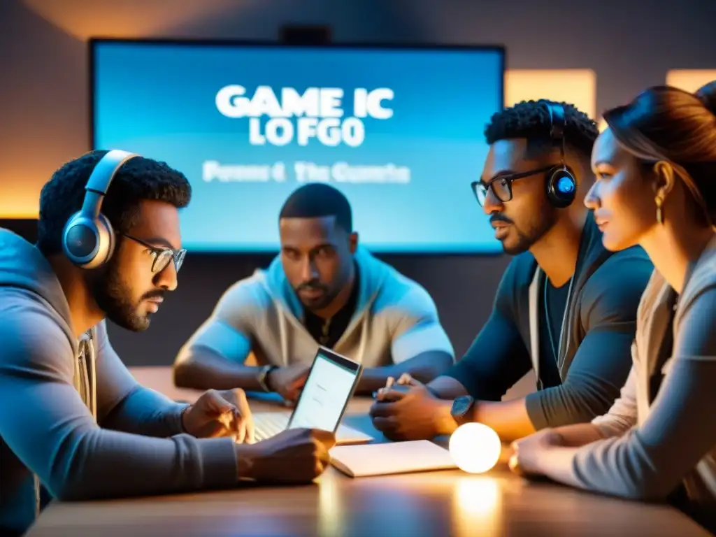 Reunión apasionada de desarrolladores de juegos en estudio indie Un grupo diverso de desarrolladores de juegos apasionadamente discuten estrategias de crowdfunding en un estudio indie