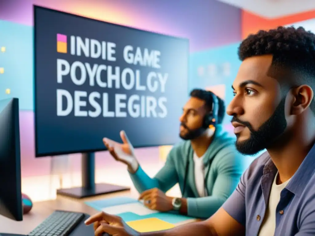 Un grupo diverso de desarrolladores de juegos indie discuten apasionadamente diseño y psicología en un estudio creativo