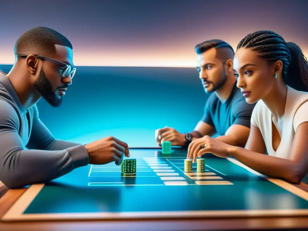 Un grupo diverso juega con emoción un juego de mesa futurista con inteligencia artificial