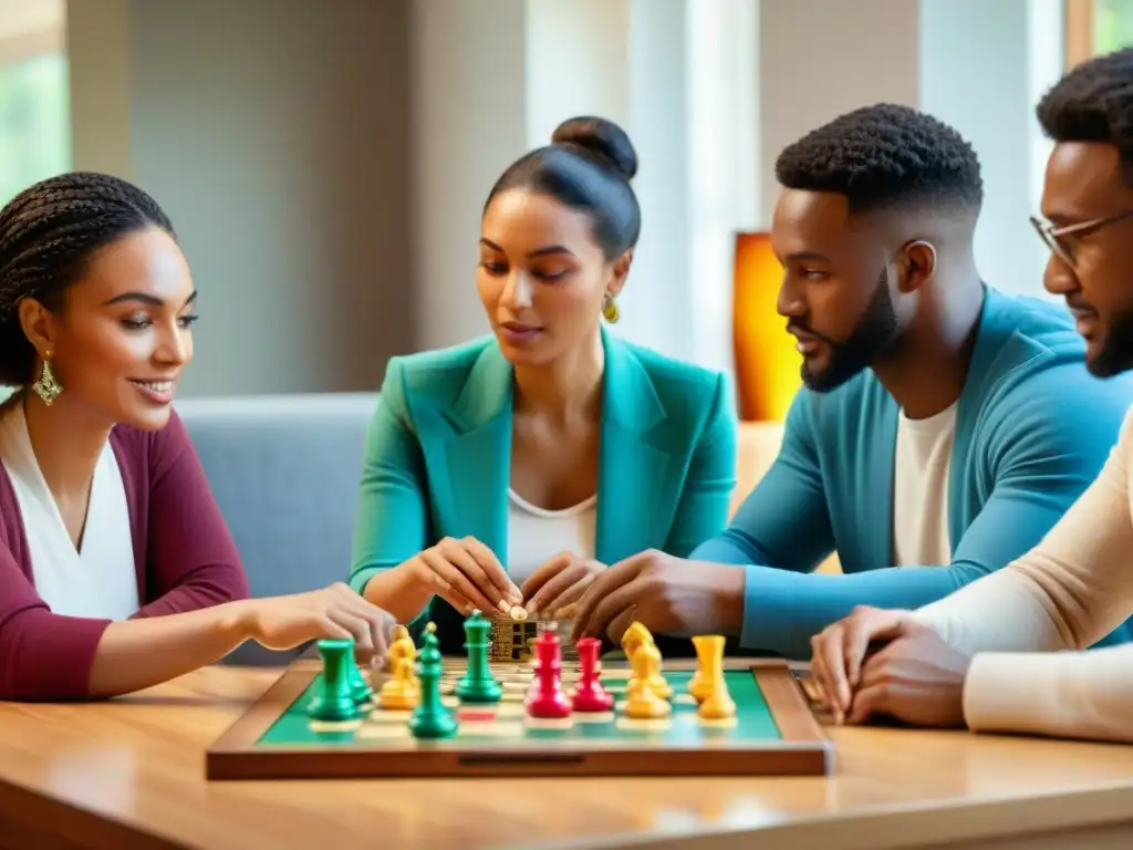 Un grupo diverso juega un emocionante juego de mesa sobre desarrollo sostenible, rodeados de elementos ecológicos