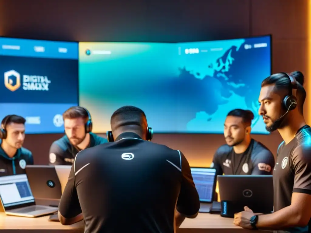 Grupo diverso de entrenadores eSports analizando tácticas en pantalla grande