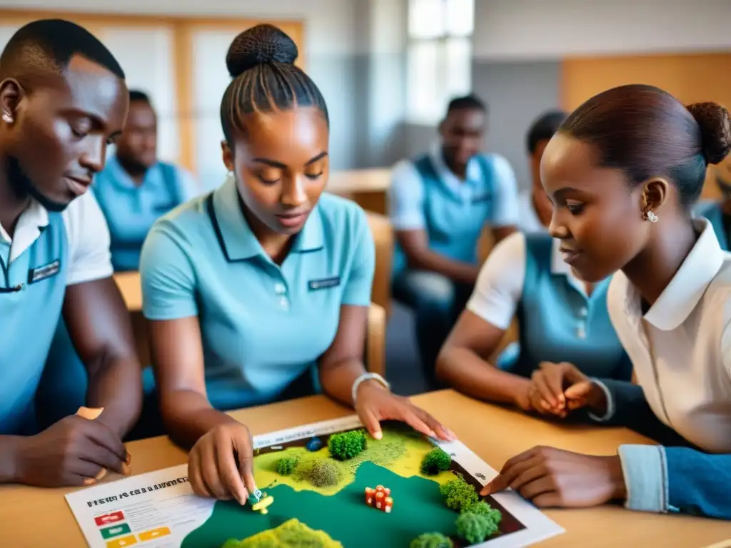 Grupo diverso de estudiantes africanos inmersos en juegos de simulación sobre prácticas agrícolas sostenibles en un aula vibrante