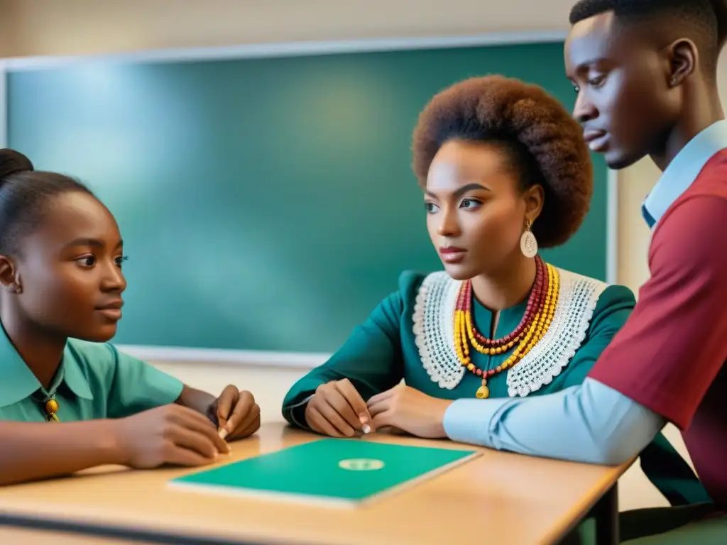 Grupo diverso de estudiantes africanos participando con entusiasmo en juegos de simulación en educación africana