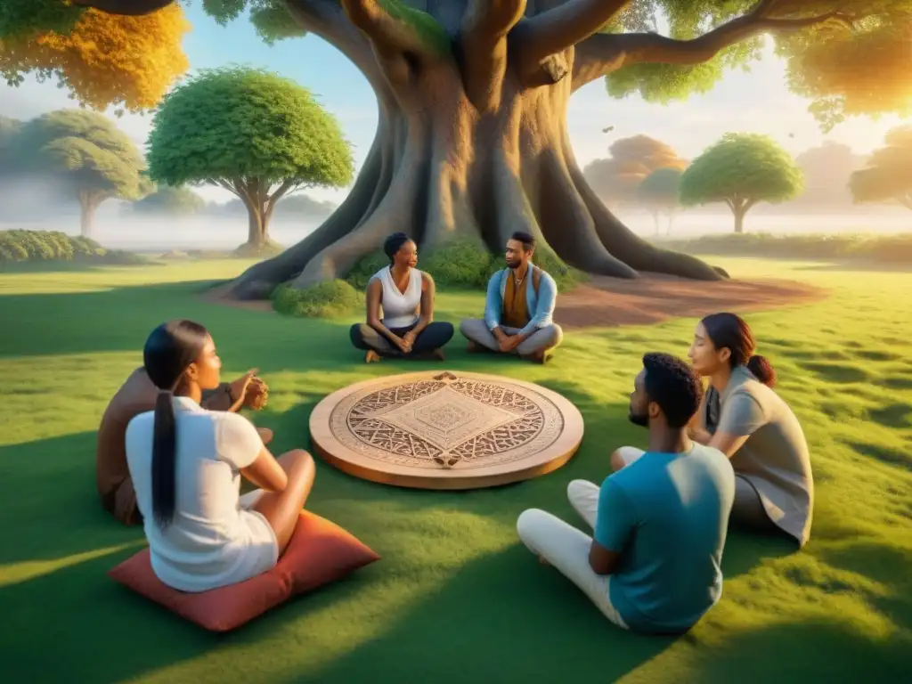Juego ancestral: alumnos diversos en círculo bajo árbol centenario Un grupo diverso de estudiantes juega un antiguo juego bajo un árbol