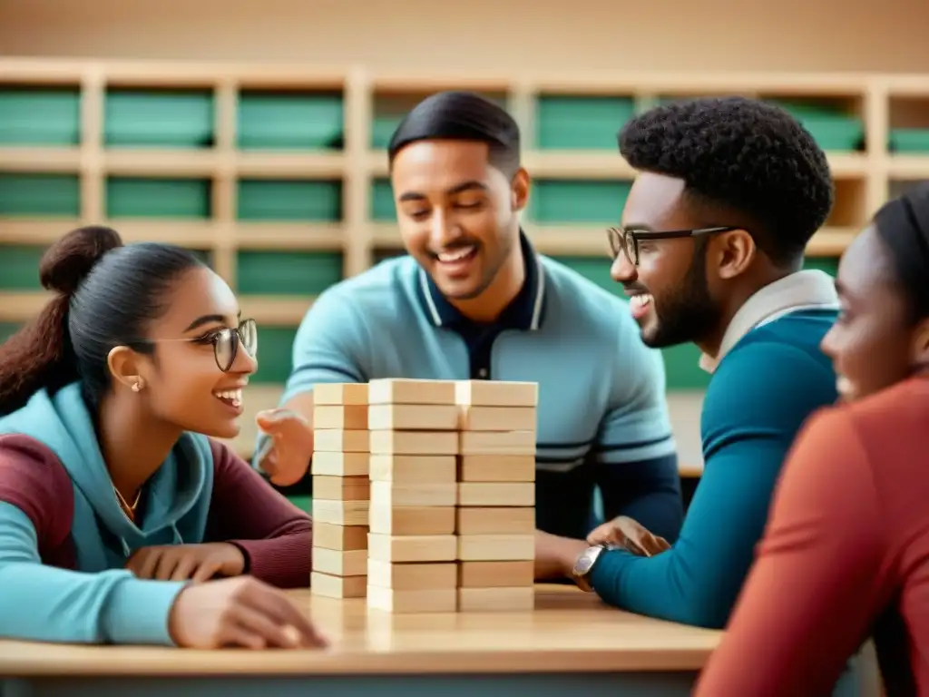 Estudiantes concentrados disfrutan de Jenga educativo Un grupo diverso de estudiantes concentrados y emocionados juega Jenga en un aula