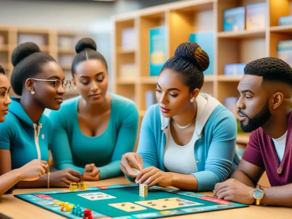 Grupo diverso de estudiantes concentrados en juegos de mesa educativos cultura en aula vibrante