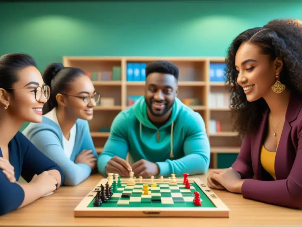 Grupo diverso de estudiantes concentrados y emocionados jugando juegos de mesa educativos en aula luminosa