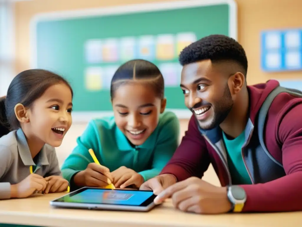 Grupo diverso de estudiantes concentrados en juegos educativos para aprender idiomas en aula luminosa