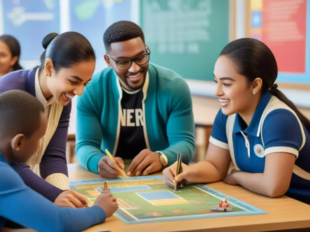 Grupo diverso de estudiantes participando entusiastas en juegos educativos culturales en aula vibrante