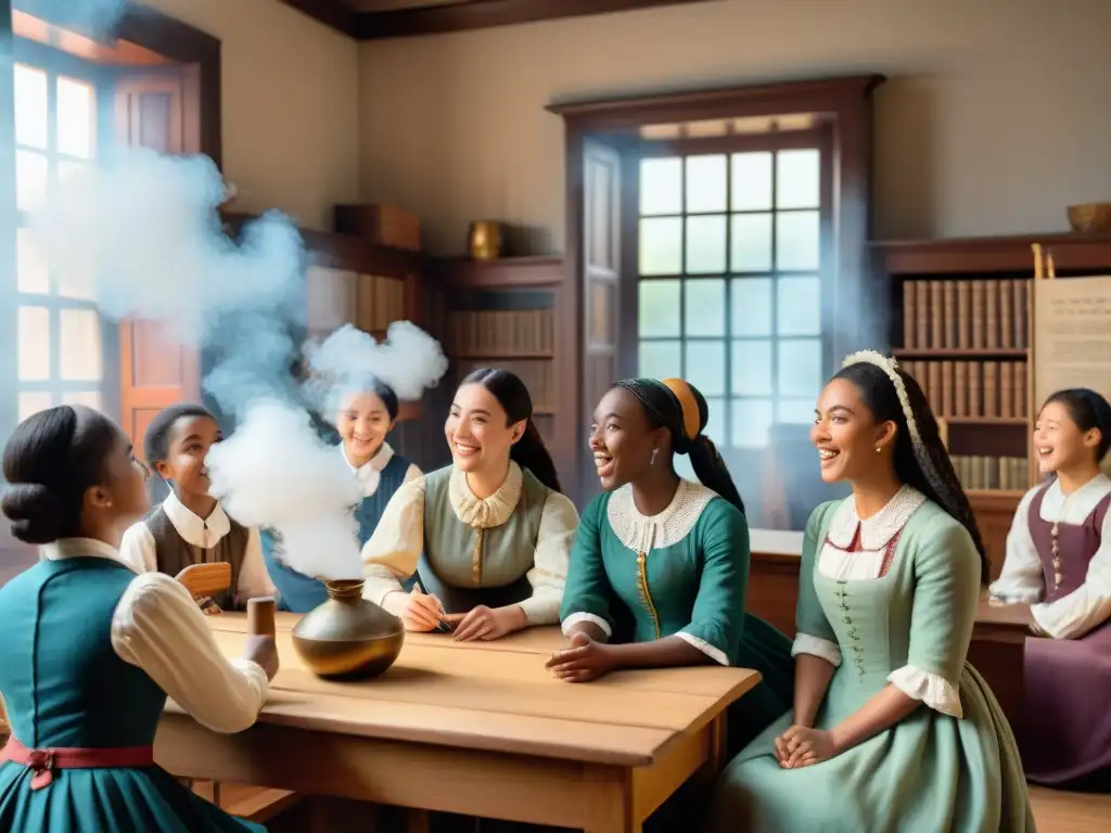 Grupo diverso de estudiantes en recreación histórica, usando trajes de época y participando entusiastas en actividades educativas