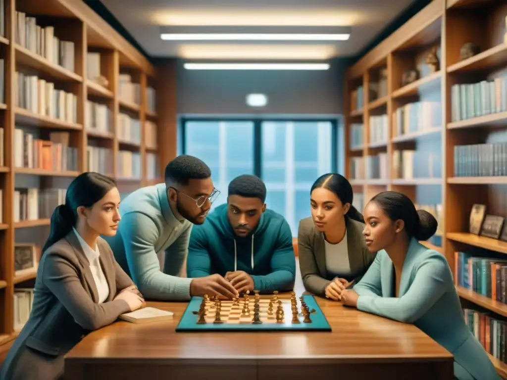 Un grupo diverso de estudiantes inmersos en un juego estratégico rodeados de libros clásicos sobre conflictos, en un aula acogedora