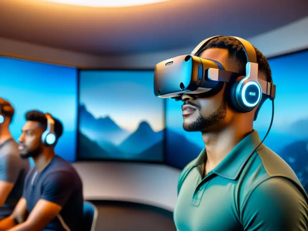 Grupo diverso de estudiantes inmersos en aulas virtuales de realidad virtual, explorando videojuegos educativos