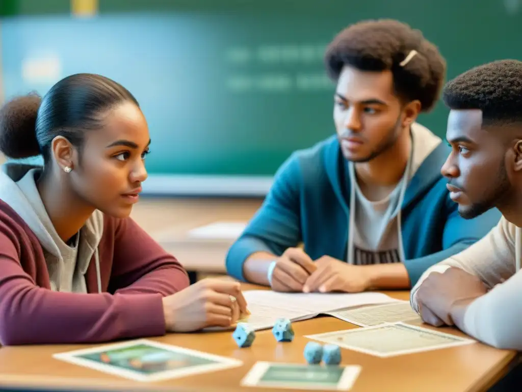 Grupo diverso de estudiantes inmersos en un juego de rol en clase