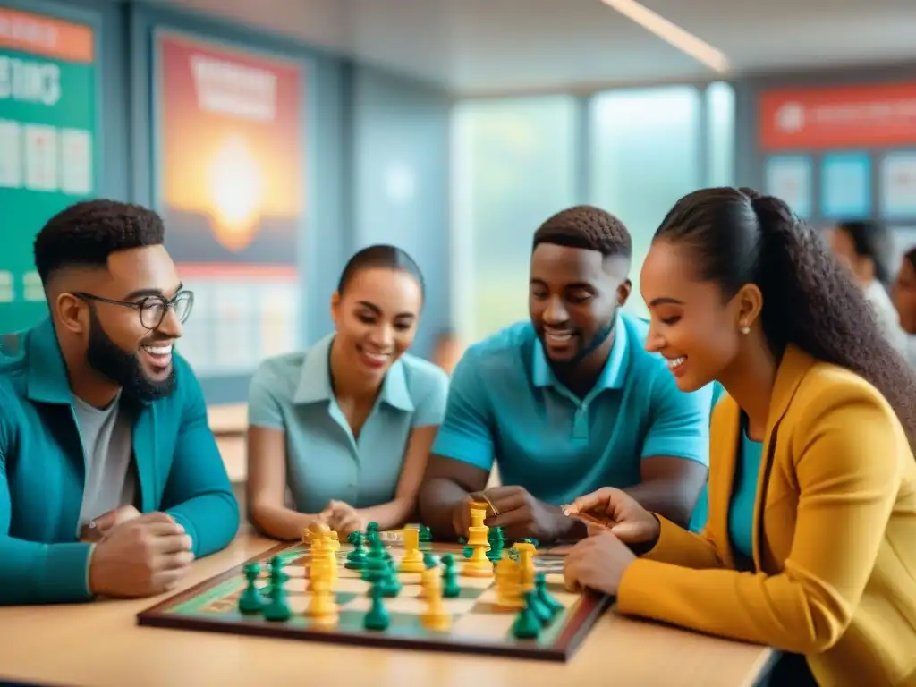 Un grupo diverso de estudiantes juega con intensidad juegos de mesa educativos en un aula, fusionando diversión y educación