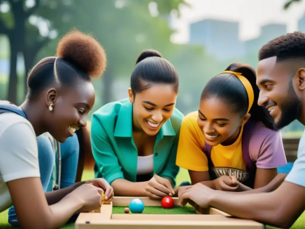 Grupo diverso de estudiantes disfrutan de juegos educativos al aire libre en un parque verde, fomentando la colaboración y el aprendizaje