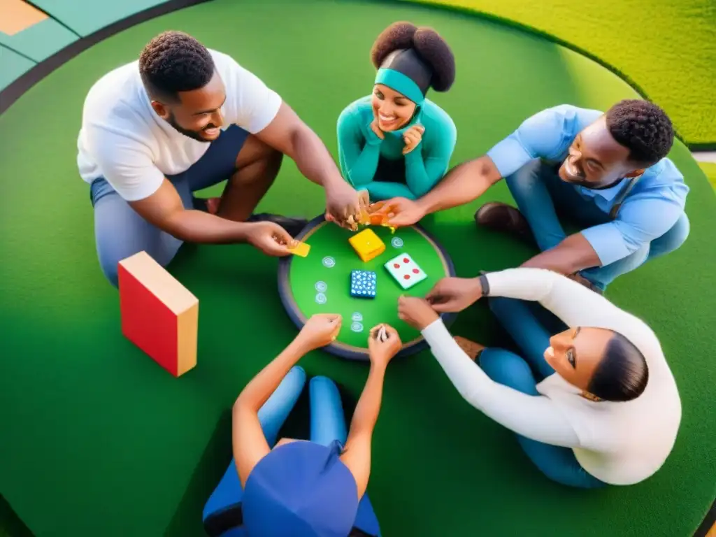 Grupo diverso de estudiantes disfrutando de juegos educativos en un campo verde, fomentando la colaboración y la diversidad cultural