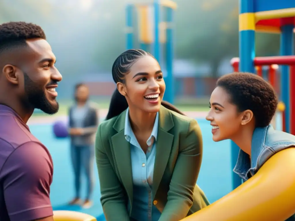 Grupo diverso de estudiantes disfrutando de juegos al aire libre, destacando la mediación escolar técnicas lúdicas y colaborativas