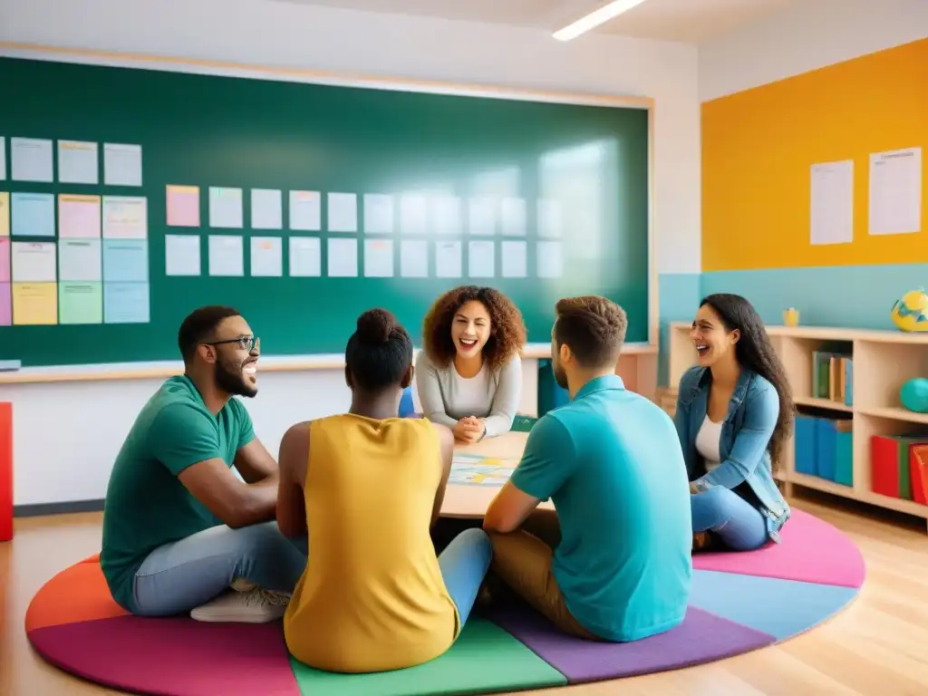 Un grupo diverso de estudiantes disfruta de ludolingüística en juegos educativos en un aula vibrante