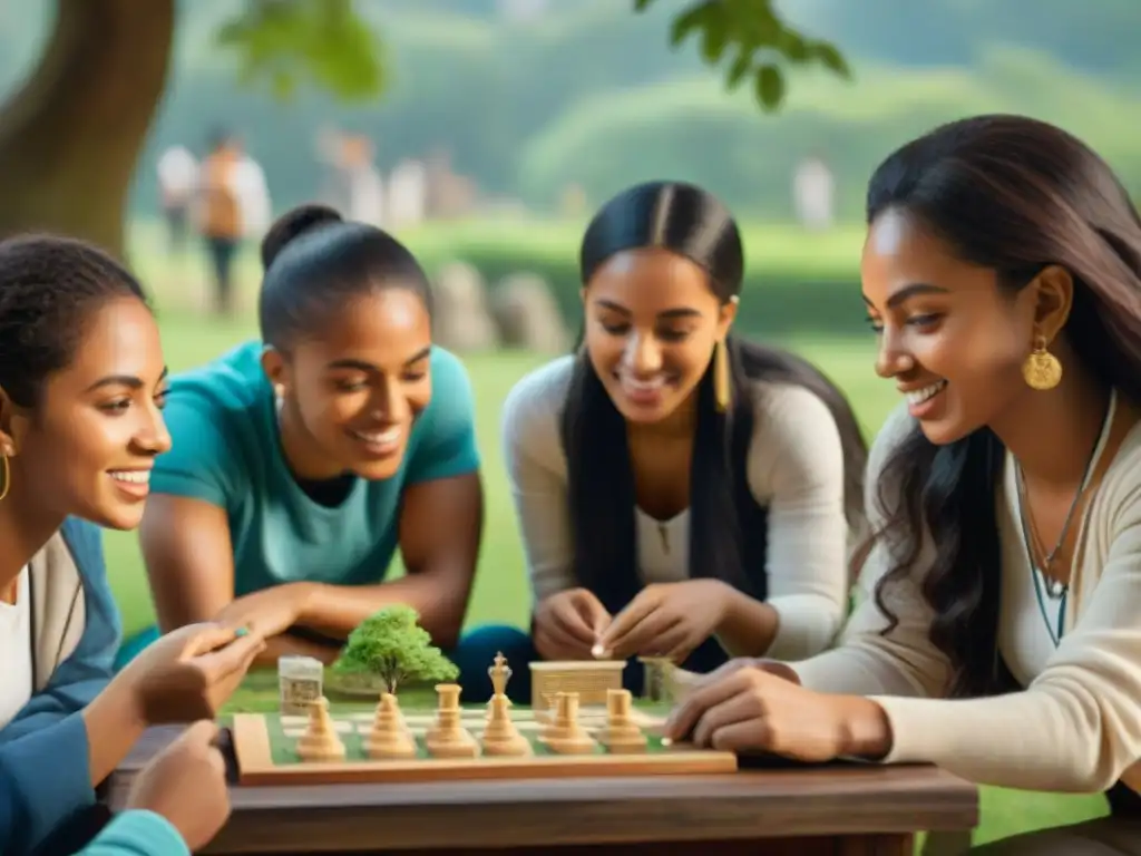 Grupo diverso de estudiantes juega a la memoria rodeados de artefactos históricos y materiales educativos en un paisaje verde con ruinas antiguas