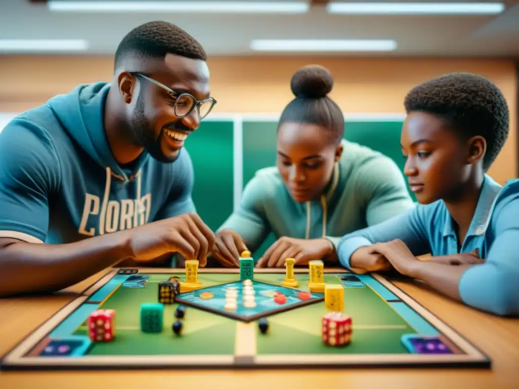 Un grupo diverso de estudiantes juega juegos de mesa africanos educativos en un aula, fomentando colaboración y aprendizaje