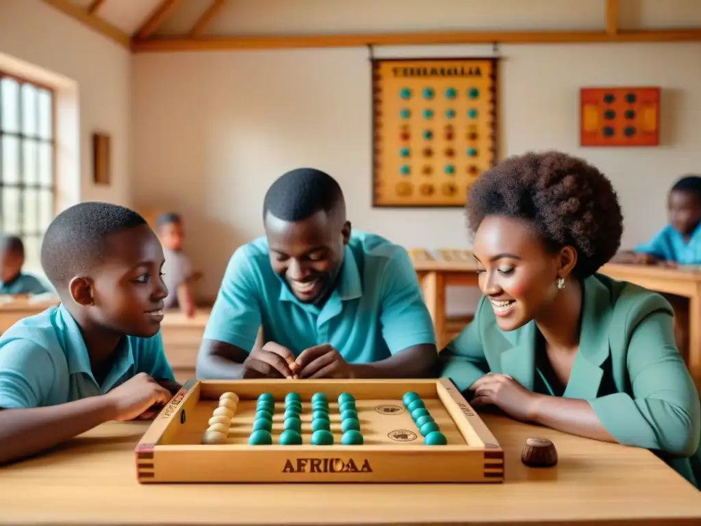 Grupo diverso de estudiantes juegan Mancala y Morabaraba en aula educativa con juegos de mesa africanos educativos