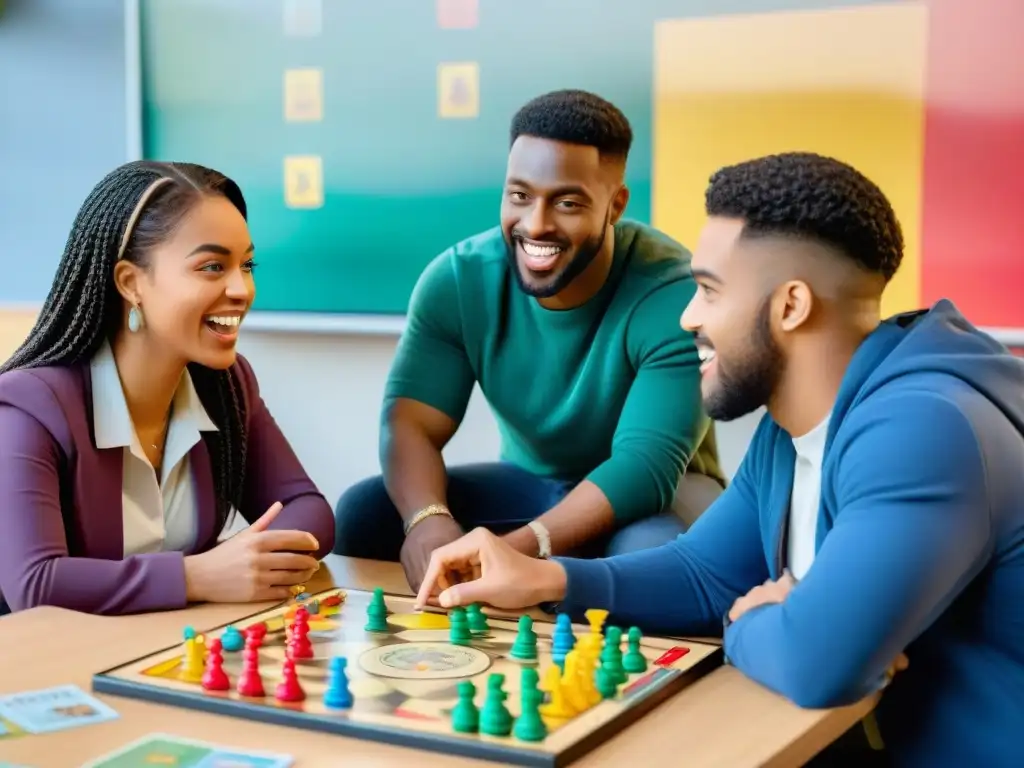 Grupo diverso de estudiantes colaborando y resolviendo problemas en una aula llena de juegos educativos