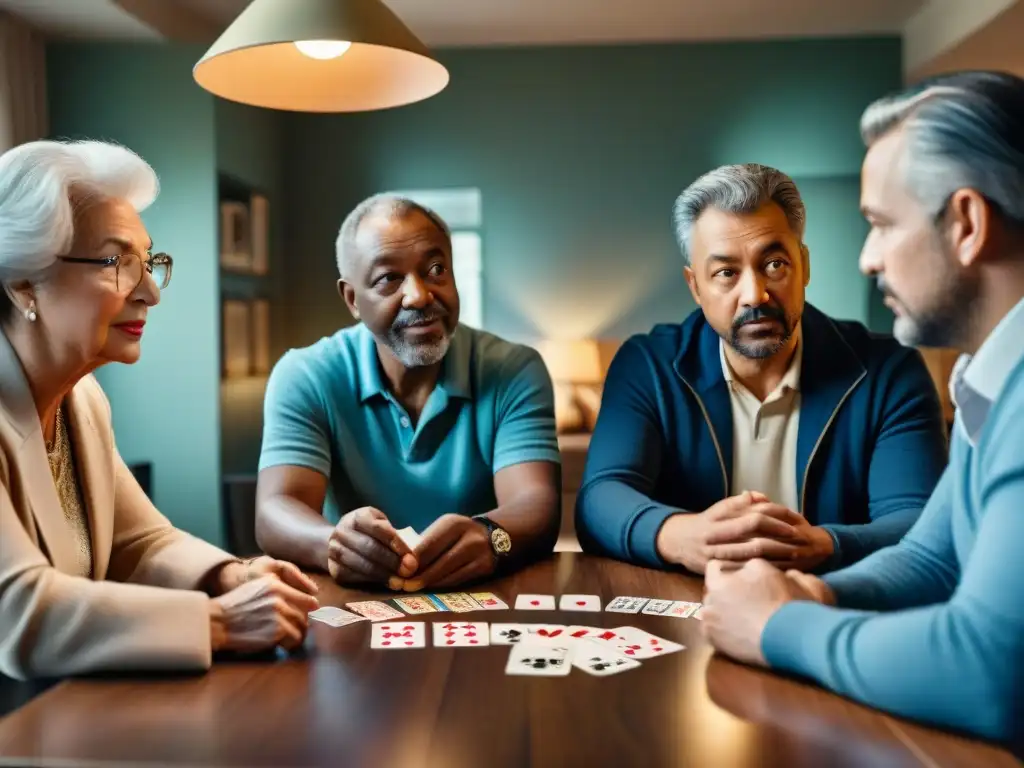 Grupo diverso juega Euchre con intensidad y camaradería en sala moderna, evocando historia del juego de Euchre