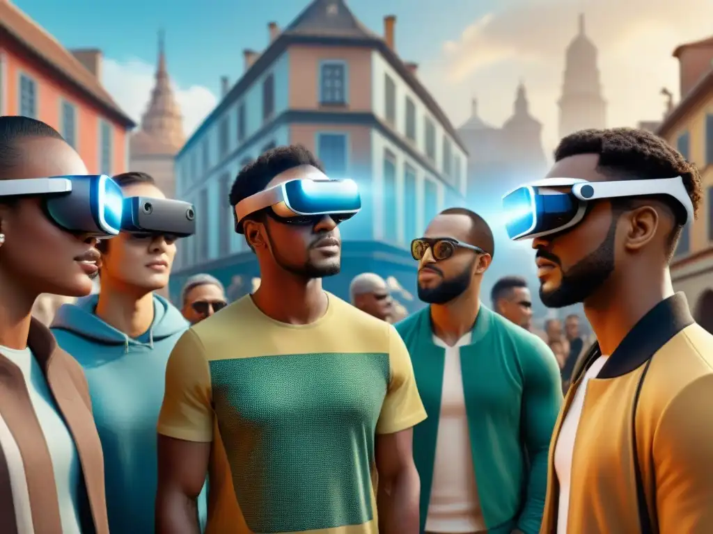 Grupo diverso usa gafas de Realidad Aumentada en juegos culturales, interactuando con arte virtual en ciudad histórica