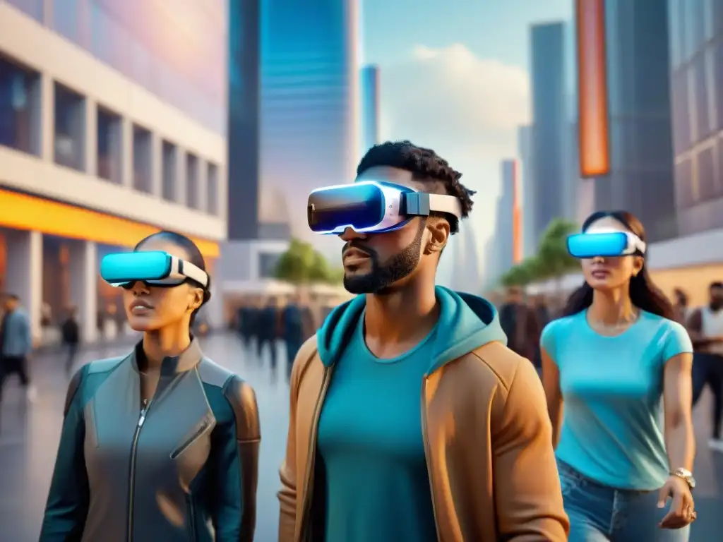 Grupo diverso usando gafas de realidad aumentada en juego urbano, reflejando privacidad en juegos de realidad aumentada