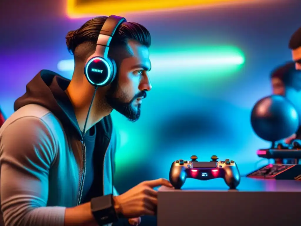 Un grupo diverso de gamers juega intensamente en una consola futurista, destacando la compatibilidad crossplatform en gaming