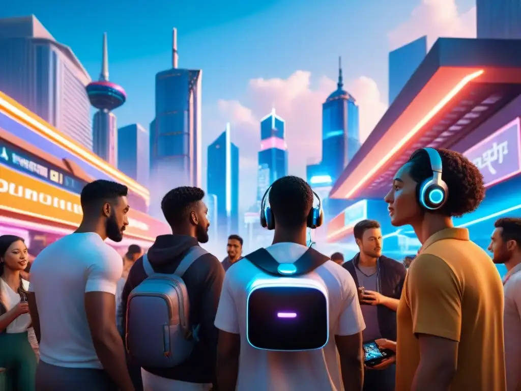 Un grupo diverso de gamers se reúne alrededor de una consola holográfica en una ciudad futurista iluminada por luces de neón al atardecer