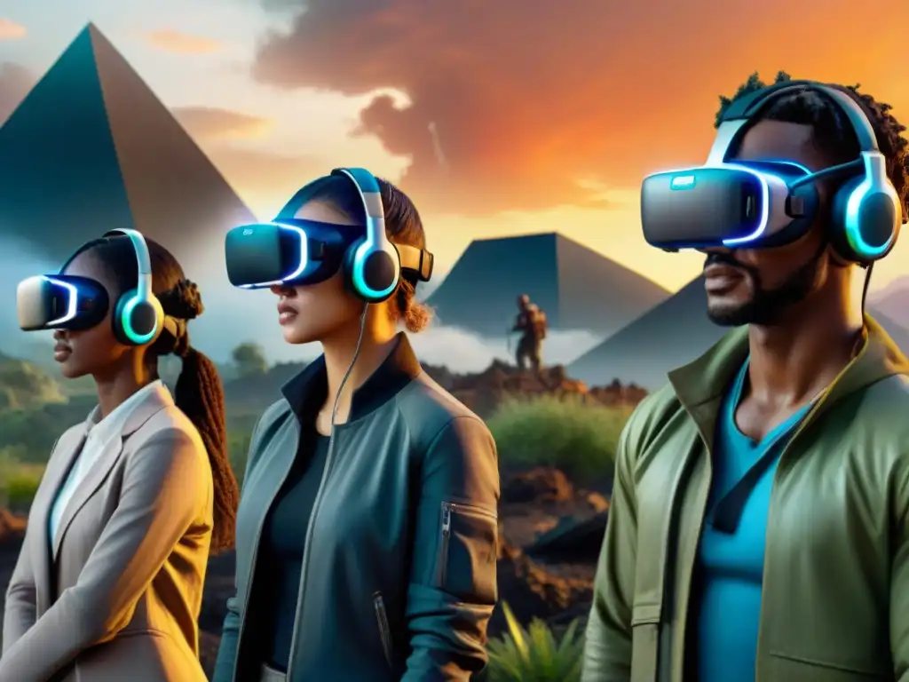 Un grupo diverso de gamers resuelve desafíos ambientales en un juego de realidad virtual postapocalíptico al atardecer