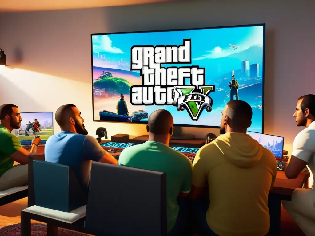 Un grupo diverso de gamers se concentra intensamente jugando GTA V, buscando Easter eggs