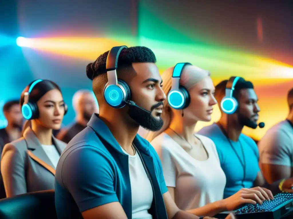 Un grupo diverso de gamers inmersos en juegos, rodeados de tecnología futurista