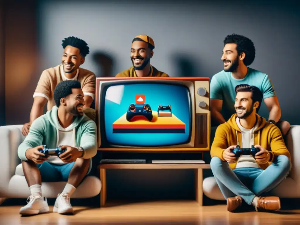 Grupo diverso de gamers sonrientes reunidos alrededor de una pantalla, con consolas retro y modernas