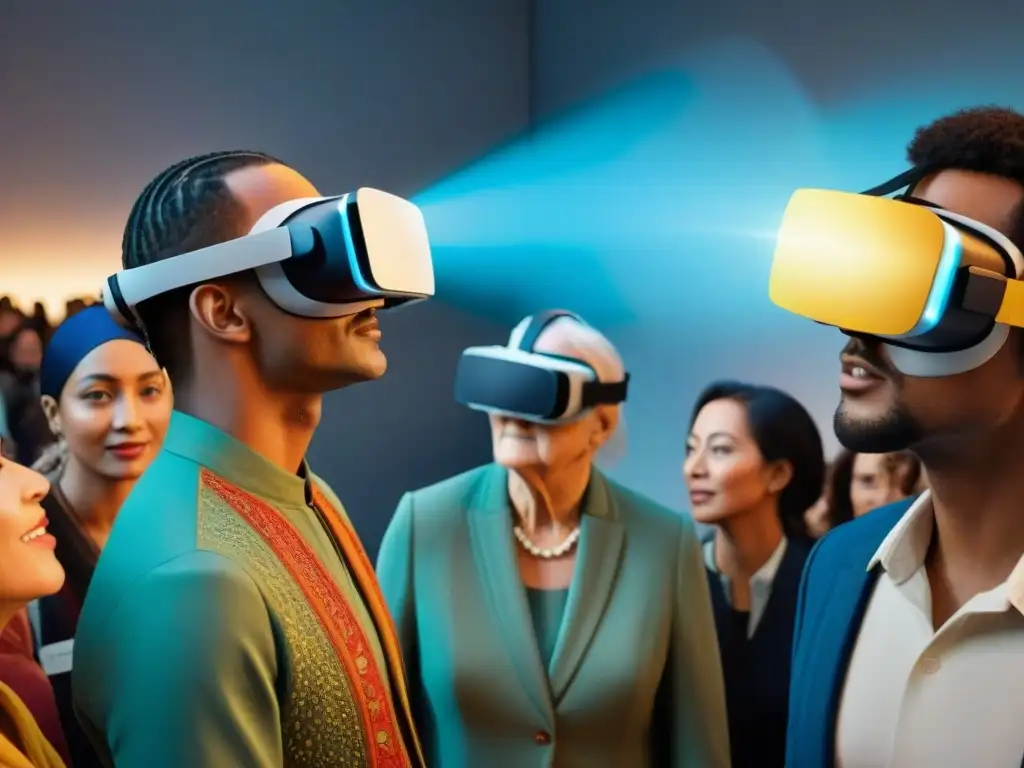 Un grupo diverso de diferentes generaciones y culturas disfruta de una experiencia de realidad virtual en juegos culturales, fusionando el pasado con el futuro