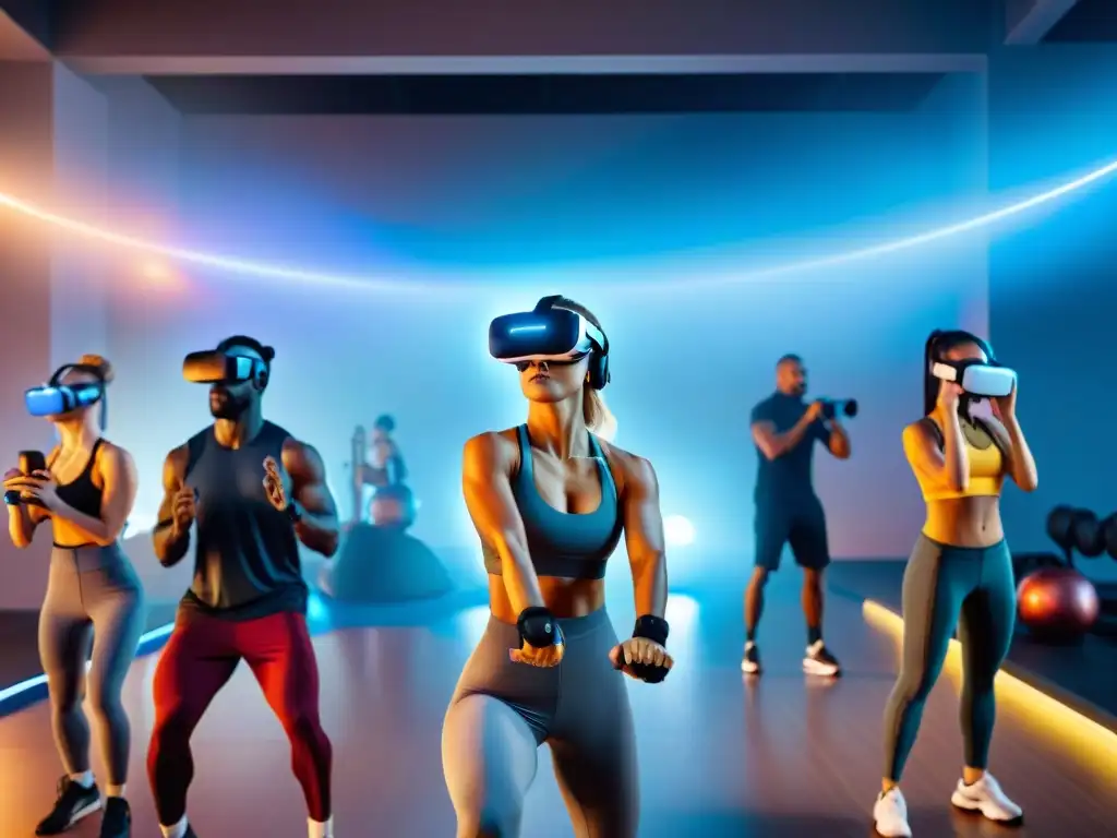 Un grupo diverso disfruta de juegos de fitness en un gimnasio futurista con realidad virtual, fusionando culturas