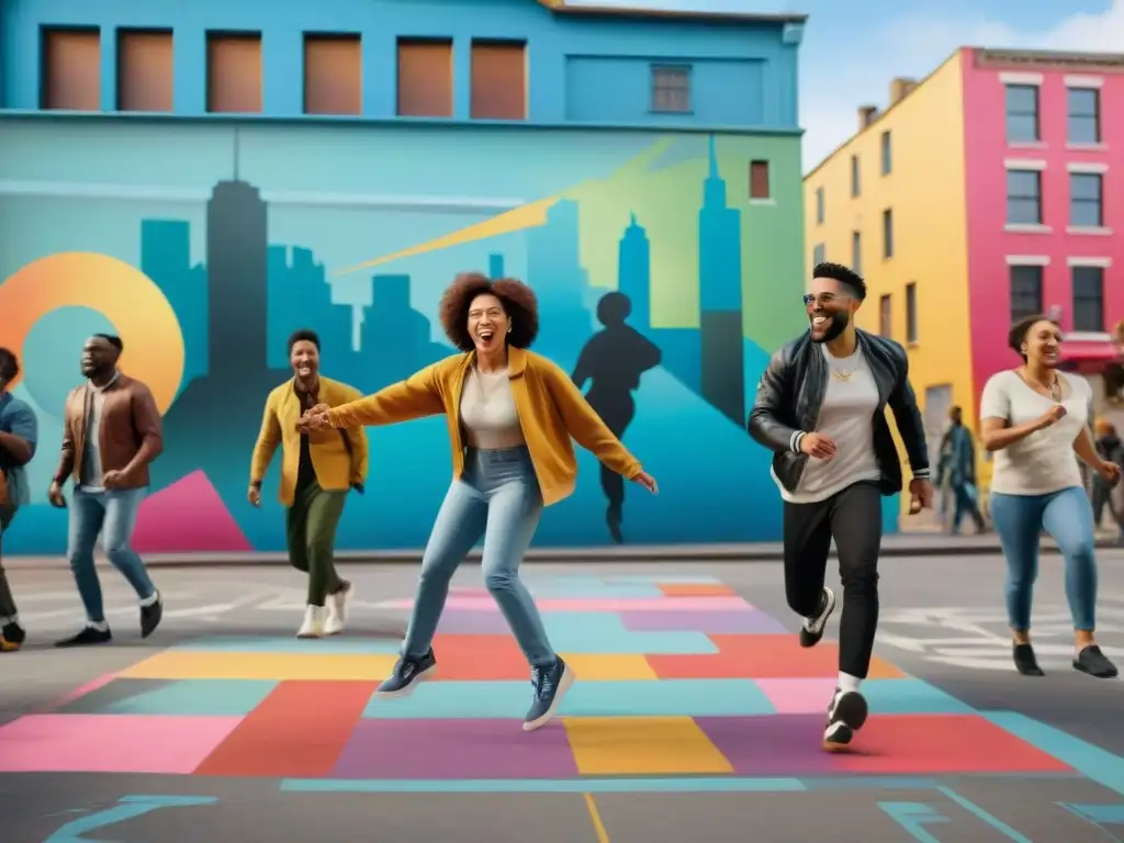 Grupo diverso juega hopscotch y saltar la cuerda en entorno urbano con arte callejero de protesta social, mostrando unidad y alegría