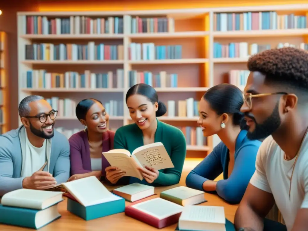 'Grupo diverso inmerso en animada charla sobre juegos de palabras y literatura en acogedora sala llena de libros