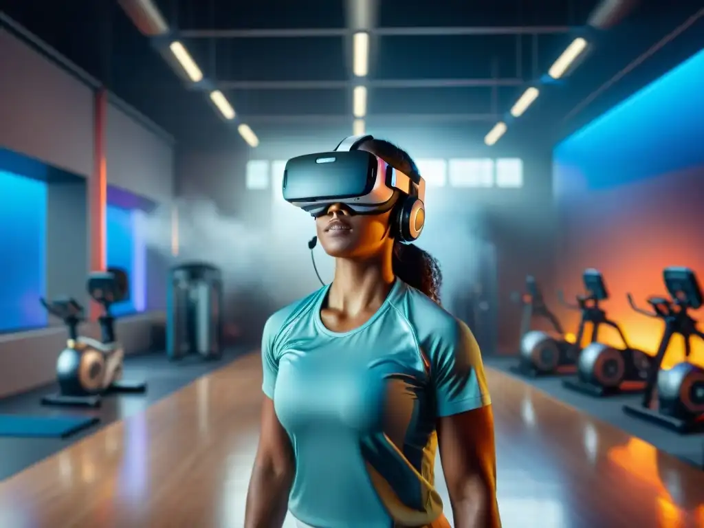 Grupo diverso inmerso en gimnasio futurista de realidad virtual, fusionando tecnología, fitness y culturas