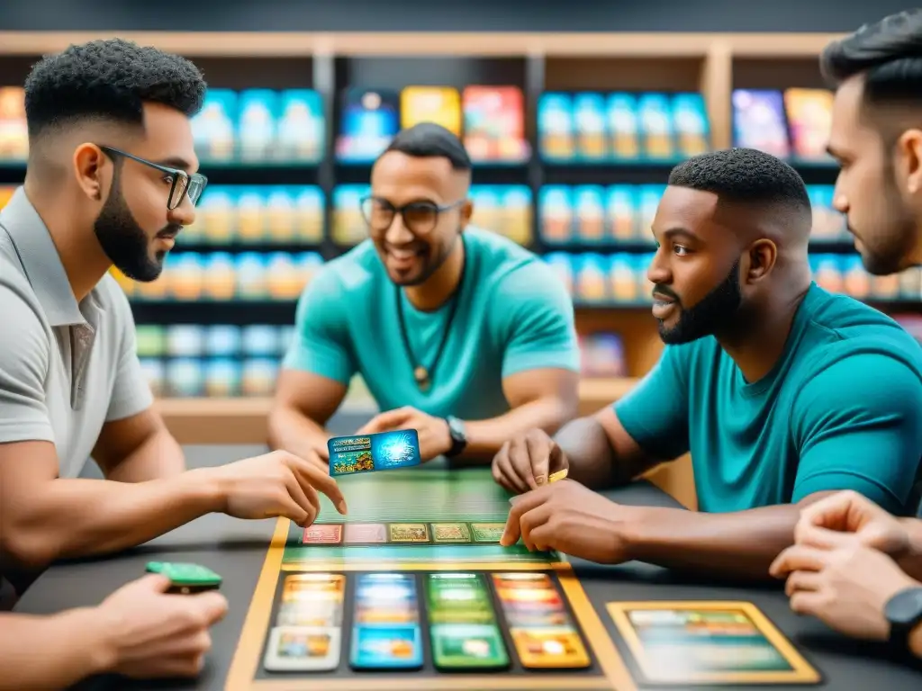 Grupo diverso inmerso en juego de cartas en tienda local