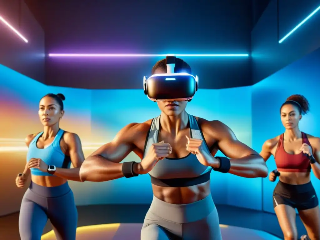 Un grupo diverso inmerso en juegos de realidad virtual fitness, mostrando movimientos intensos y determinación en un gimnasio futurista