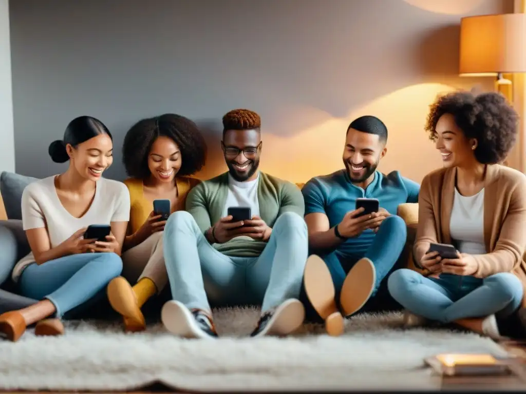 Grupo diverso inmerso en juegos móviles en acogedora sala, reflejando impacto de tecnología en relaciones personales