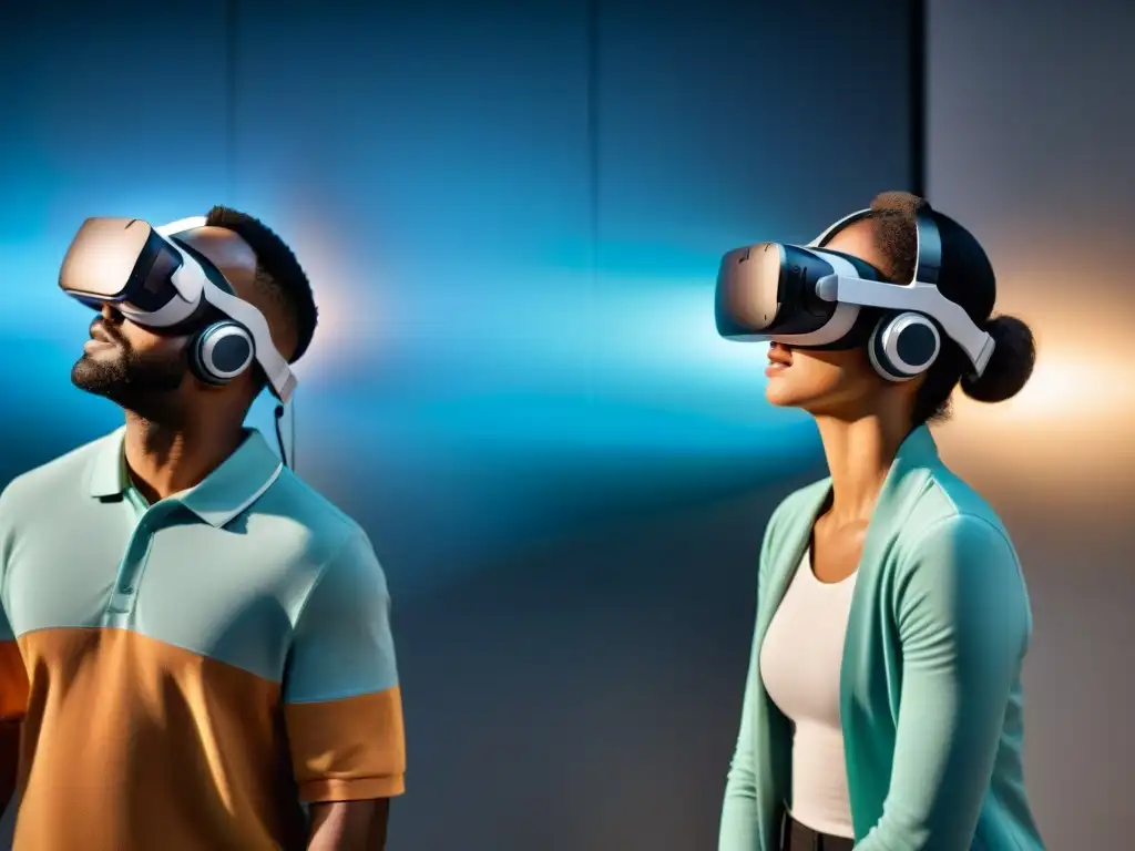 Realidad Virtual Educativa: Transformación Cognitiva Grupo diverso inmerso en Realidad Aumentada en Habilidades Cognitivas, expresiones de concentración y emoción en ambiente futurista